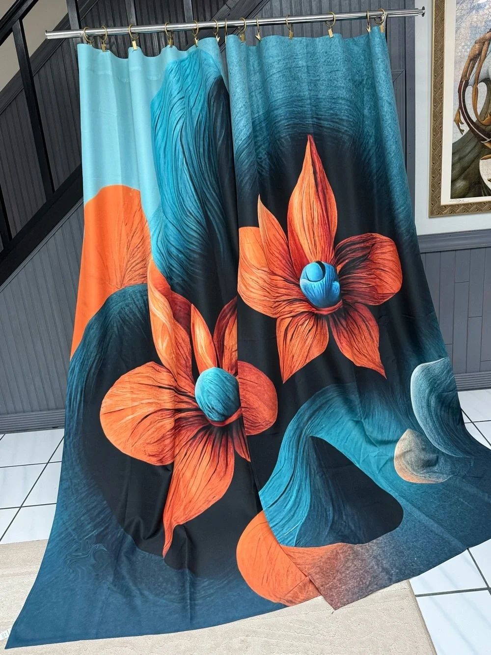 Bold Orange & Teal Floral Curtain Panels Curtain Set Rod Pocket 40x82